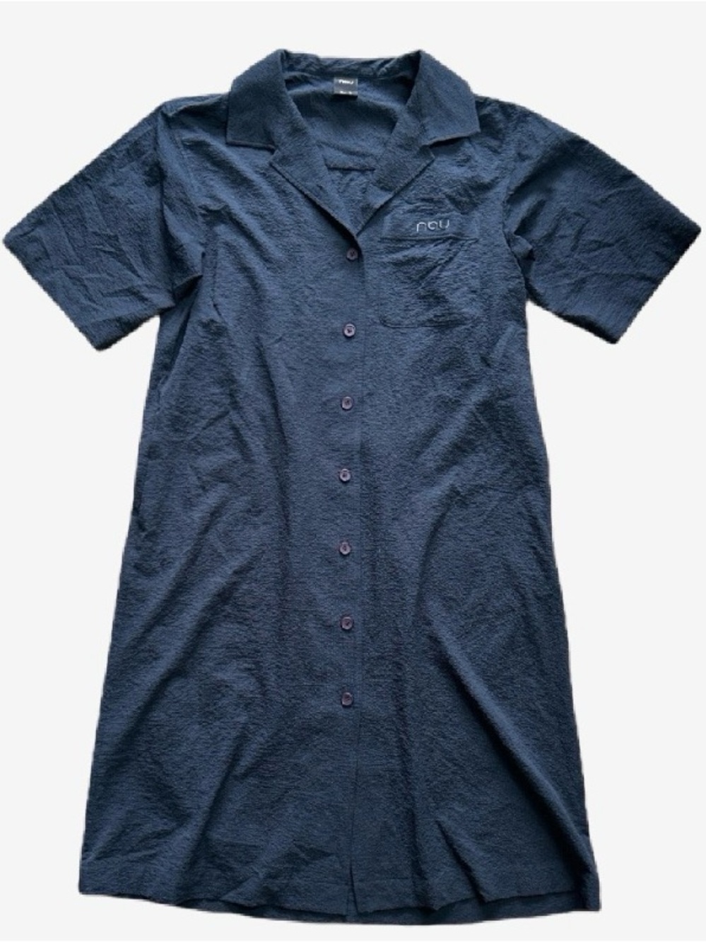 Button-Front Navy Seersucker Shirt Dress